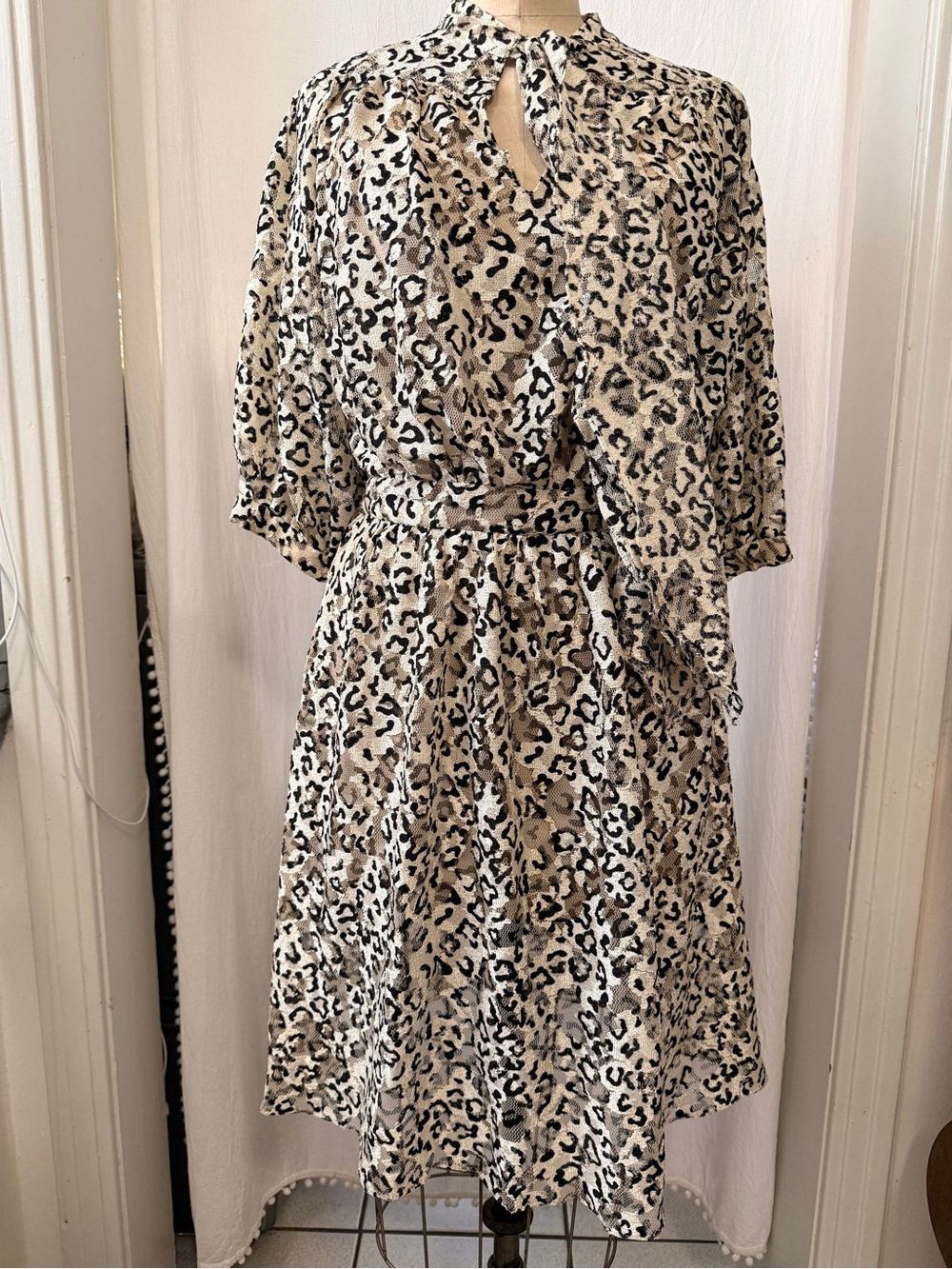 Maison Mayle, Leopard Print on Mesh Lace, Tie Neck Dress, sz 6